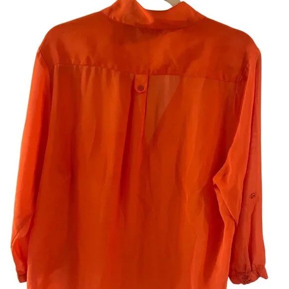 Gold Drama. Women's orange transparent blouse with three-quarter sleeves.Size1X. - Picture 7 of 8
